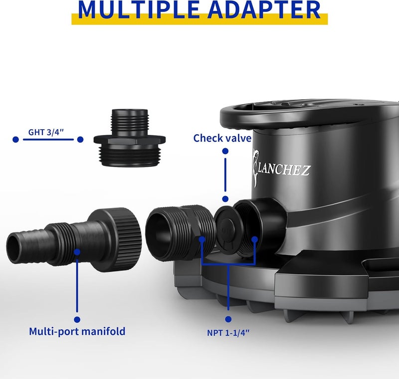 LANCHEZ 1/2HP Automatic Swimming Pool Cover Pump, 2250GPH Submersible Water Sump Pump with Check Valve & 3 Adapters, 25ft Power Cord, Removal for Swimming Pool, Hot Tubs, Rooftops, Water Beds and more - Image 5